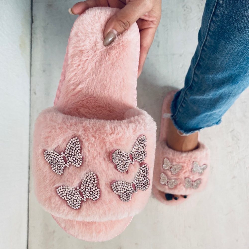 Blush Faux Fur Butterfly Slippers - Picture 1 of 7
